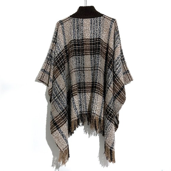 Marc New York Zip Up Turtleneck Plaid Tassel Hem Sweater Poncho One Size Fit All - Picture 12 of 16